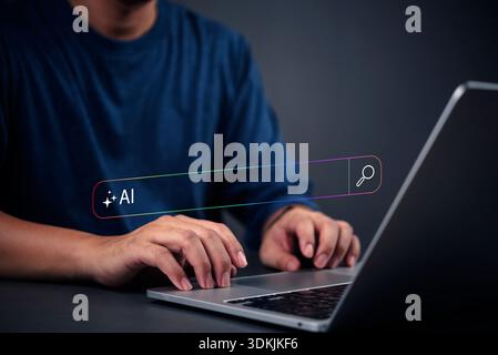 person typing on a laptop AI search bar on the screen, artificial intelligence digital assistant, smart innovation and machine learning. modern techno Stock Photo