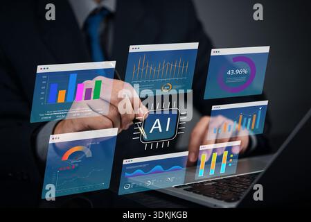 man interacting with futuristic screens showing financial data and AI. concept big data, innovation, technology, and future business artificial intell Stock Photo