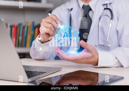 doctor holds an AI brain hologram, artificial intelligence modern healthcare and medical research. concept professional working with innovative techno Stock Photo