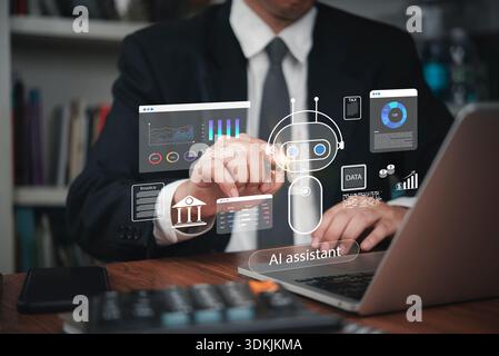 Robotic process automation AI assistant hologram, automated business processes and services financial banking. artificial intelligence data analysis, Stock Photo