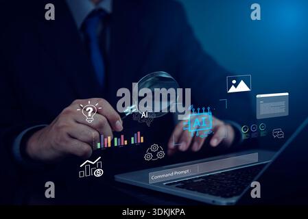 Businessman holds magnifying glass data analysis and artificial intelligence icons, with laptop command prompt. searching for insights.concept innovat Stock Photo