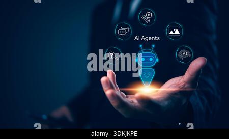 businessman holding a virtual interface with AI agents icons. automation, smart business solutions, and digital transformation. machine learning, data Stock Photo