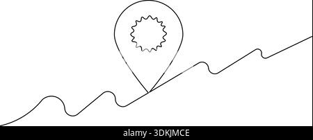 Continuous one line drawing of a map pin location icon on a wavy path Stock Vector