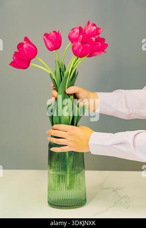 Hands in pink shirt placing fresh pink tulips into ribbed green glass vase on marble table, soft bokeh background Stock Photo