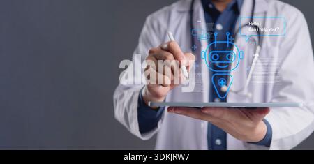 doctor uses ai healthcare chatbot on tablet in clinic for telemedicine diagnosis consultation assistant patient data improve care efficiency concept d Stock Photo