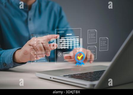 Approval, compliance employee reviews forms on a notebook at the office, guiding certification, audit, checklist, verification, quality, policy, and s Stock Photo