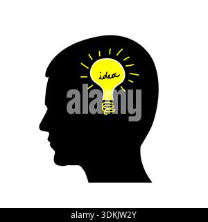 Create a new idea. Illustration of a man head with light bulb Stock Vector