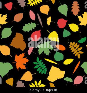 Different shapes of colorful leaves silhouette, seamless pattern on black background Stock Vector