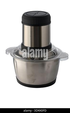 A compact electric chopper or mini food processor with a stainless steel bowl and blades, isolated on a white background. Modern kitchen appliance for Stock Photo