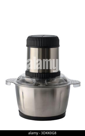 Professional studio shot of a powerful electric food chopper (mini processor) on a pure white seamless background. Features a durable stainless steel Stock Photo