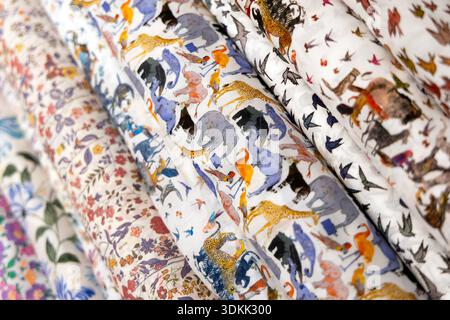 Selection of Liberty fabrics at Tissus Reine fabric shop, Montmartre textile district, Paris, France Stock Photo