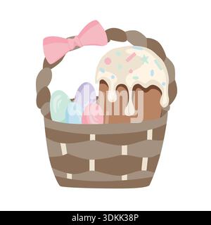 Illustration of a wicker basket with Easter eggs and a decorated cake with icing and sprinkles on a white background. Detailed illustration with fine Stock Vector