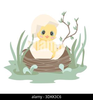 Illustration of a cute yellow chick hatching from an eggshell sitting in a nest with green grass and a branch on a white background Stock Vector