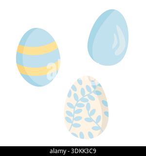 Vector illustration of three pastel-colored Easter eggs with decorative patterns and smooth designs on a white background Stock Vector