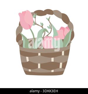 Illustration of a wicker basket with pink tulips and green leaves on a white background, showcasing simplistic and minimalistic floral design art Stock Vector