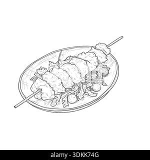 Dish with fried chicken or kebab on skewer, sketch. Vector illustration. Delicious dinner on plate, drawing isolated on white background. Healthy and Stock Vector