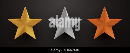 Shiny Gold, Silver, Bronze Stars for Award Ranking. Vector illustration. Stock Vector