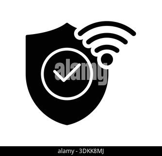 A minimalistic black and white icon featuring a shield with a Wi-Fi signal and a checkmark, representing security and connectivity in digital communic Stock Vector