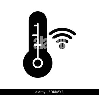 This black and white icon represents a thermometer featuring wireless connectivity, symbolizing modern technology for temperature measurement and moni Stock Vector