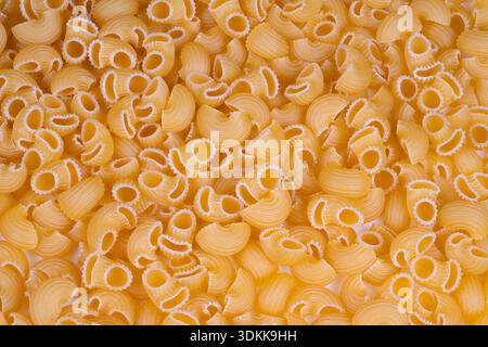 closeup small shell pasta texture tight macro shot of dry uncooked pasta shells in warm golden tones, pronounced ridges and granular surface, clean ae Stock Photo
