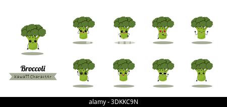 Set of cute broccoli kawaii characters showing different emotions and poses isolated on white background. Stock Vector
