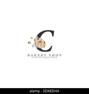 Letter C logo with cookie illustration. Alphabet C bakery and sweets Design Icon Stock Vector