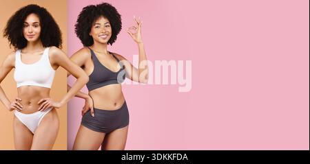 Two Women Model Beauty Wear With Different Styles in a Studio Setting During the Day Stock Photo