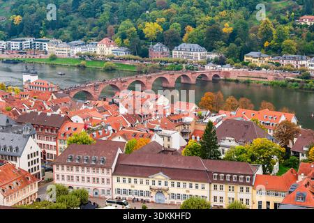 Elevated view of the Old Bridge, Neckar River and rooftops in ...
