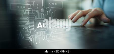AI Interface for Human Interaction and Intelligent Automation Displayed on Digital Laptop Screen. Stock Photo