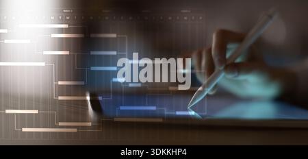 Project Management and Workflow Scheduling Illustrated on a Digital Gantt Chart Interface. Stock Photo