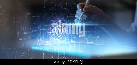 AI Cybersecurity Shield and Data Protection Interface Illustrated on Futuristic Digital Display. Stock Photo
