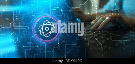 Quantum Computing and Atomic Energy Symbol Illustrated on Futuristic Digital Interface. Stock Photo