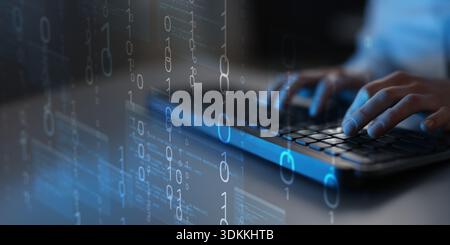Digital Data Stream and Binary Code Visualization on Virtual Interface. Stock Photo