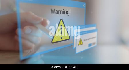 Security Warning Notifications Displayed on Digital Interface with Risk Alert Symbols. Stock Photo