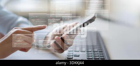 Mobile Application Development and Software Programming Visualization on Smartphone. Stock Photo