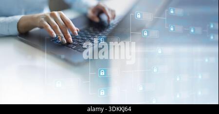 ata Encryption and Cybersecurity Technology Concept Illustrated on VIrtual Screen. Stock Photo