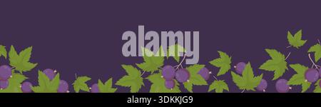 Blackcurrant Seamless Border. Branches Berries with Leaves on Dark Purple Background. Botanical Fruit Horizontal template Ornament. Vector illustratio Stock Vector