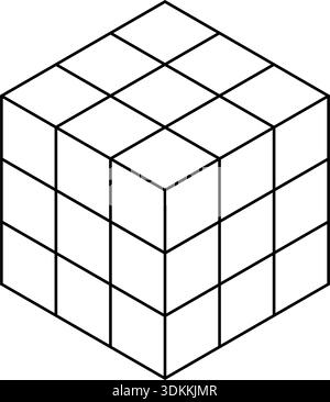 Puzzle cubic logic game in 3D projection. Brain teaser. Simple isometric cube shape isolated on white background. Geometric form, building element, architectural block. Vector graphic illustration. Stock Vector