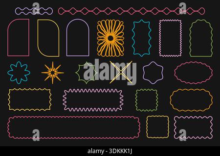 Set of colorful star, sun and arch, rectangle and square, oval and circle icons with scalloped edges. Simple cute forms with curvy borders. Empty tags or labels frames. Vector outline illustration. Stock Vector