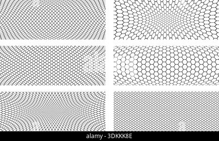 Set of warped soccer or fishing net textures. Distorted wire or lace patterns. Black mesh, metallic or fabric fence, cage or lattice structures on white background. Vector graphic Illustration. Stock Vector