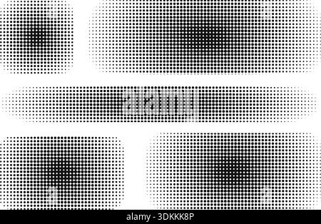 Set of rectangular shadow shapes with dotted halftone effect isolated on white background. Geometric forms with bitmap, gritty, noise or pixel texture. Vector graphic illustration. Stock Vector