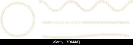Set of strings and round frame of pearls isolated on white background. Threads of beads for luxury bracelet, choker or necklace. Beautiful jewelry elements. Vector realistic illustration. Stock Vector