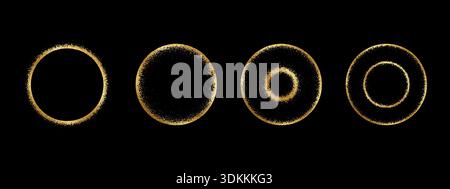 Set of golden rings with noisy texture. Gold round shapes with spray, scattered or mezzotint brush effect borders isolated on black background. Solar eclipse concept. Vector illustration. Stock Vector