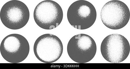 Set of round shapes with dirty, gritty or grunge texture isolated in white background. Spheres with different light and shadow drawings. Balls with gradient effect. Vector graphic illustration. Stock Vector