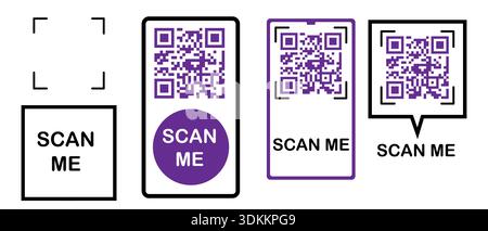Scan me. Scan me QR code sticker frames with mobile icons. Vector square borders with pictograms for phone apps, online shops, and modern UI design. Stock Vector