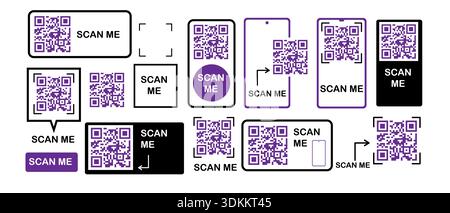 Scan me frame. Vector QR code icon frame set for mobile and web. Black and purple vector borders and qr templates for scanner screens, app buttons, an Stock Vector