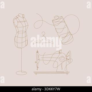 Tailor equipment set illustrated sewing machine spool hangers mannequin fashion design items drawing in modern linear art style on beige background Stock Vector