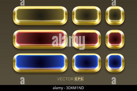 Glossy gold buttons set with neon glow. Luxurious web elements in various shapes and colors. Vector illustration Stock Vector
