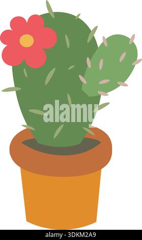 A cute cartoon green cactus with a flower. A houseplant in a pot. Color vector illustration on a white background in flat style. Stock Vector