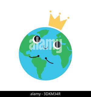 Cute planet Earth wearing a royal crown. Vector flat illustration isolated on a white background. Stock Vector
